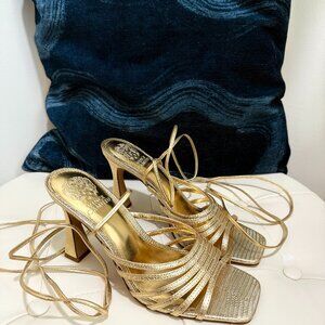 Vince Camuto Gold Metallic Ankle Wrap Sandal Heel